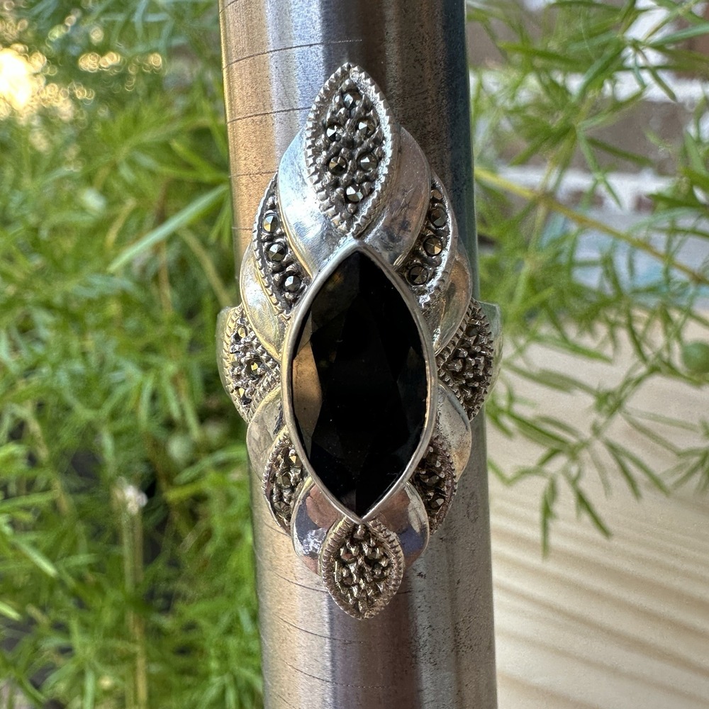 VTG Judith Jack Cocktail Ring Size 10.5 Black Onyx Marcasite 925 Sterling 10.0g